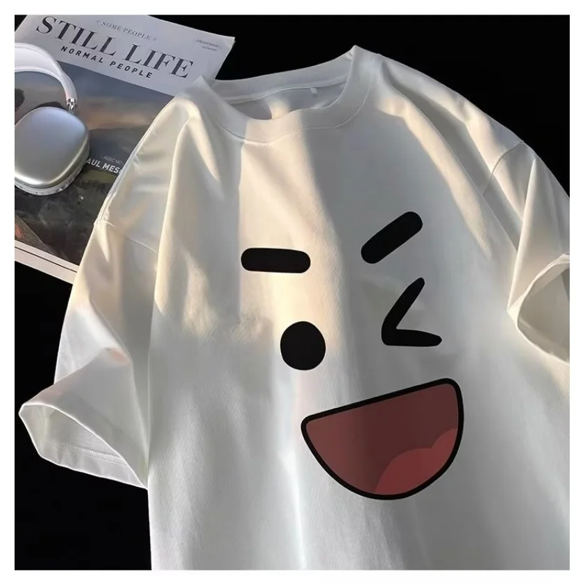 8XL Korean loose fit fashionable trendy American retro happy emotional T-shirt casual men multifunctional couple set image 5