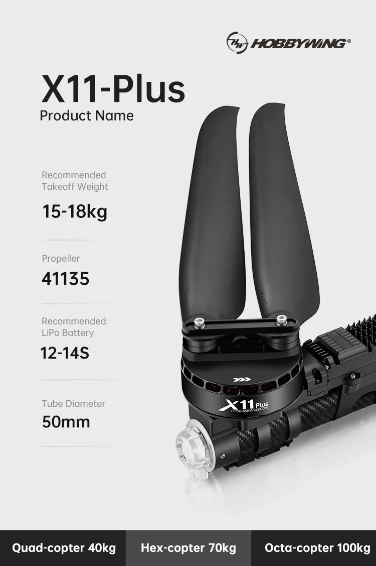 Hobbywing X11 Plus 11118-85KV Spinta massima 37 kg/rotore 12-14S 4314 Elica pieghevole per la protezione delle piante Motore drone agricolo
