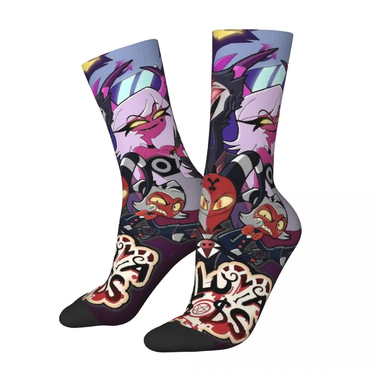 Crazy Design Helluva Boss Cartoon Basketball Socks Millie Blitze Moxxie Loona Polyester Middle Tube Socks for Women Men