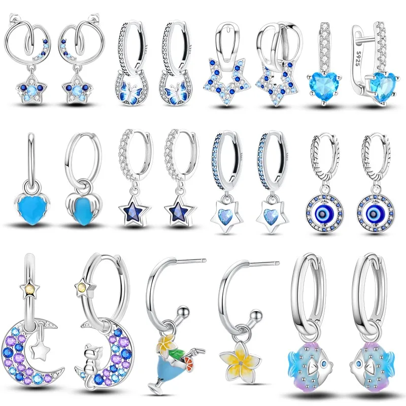 Hot Selling 925 Sterling Silver Sparkling CZ Blue Star Moon Luxury Earrings for Women Popular Fashion Jewelry Birthday Gift