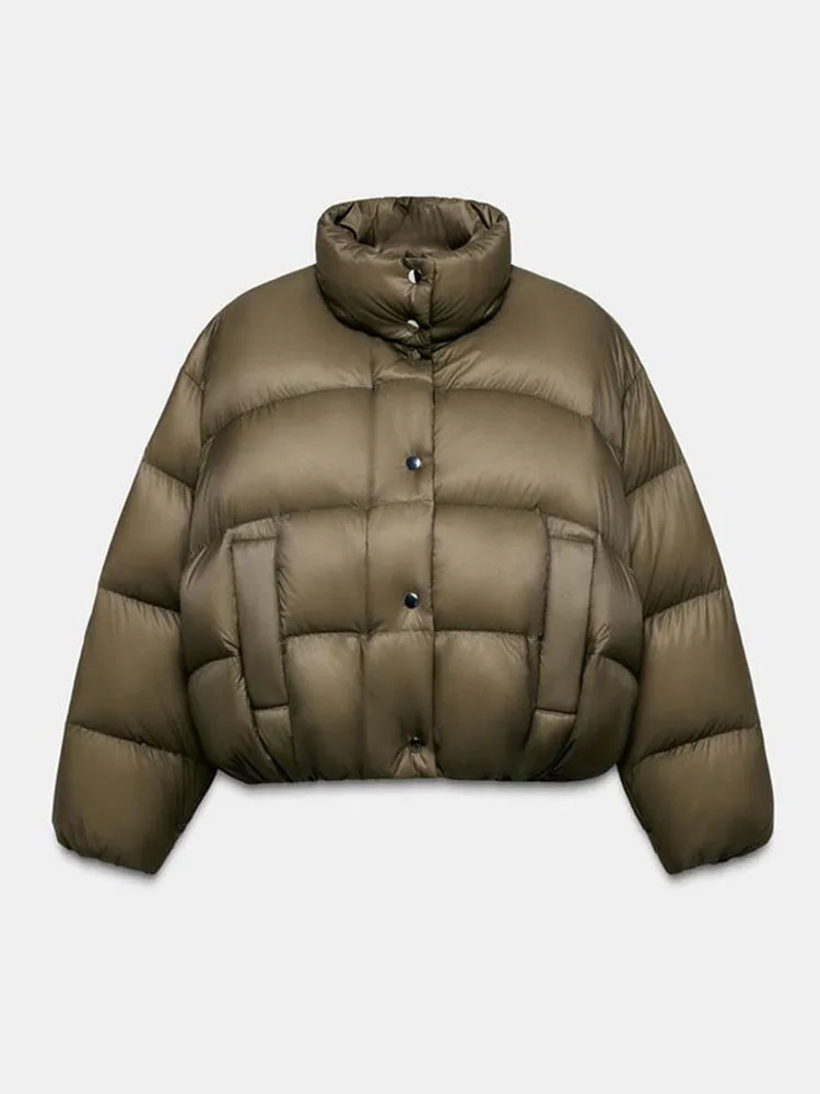 女性のオリーブグリーンのキルティングジャケットコートスタンドカラーショートコートファッション暖かい冬のアウター女性のファッションハイストリート衣装