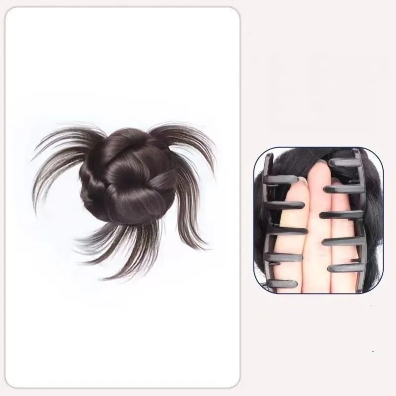 Parrucca sintetica con testa di panino di piume di pollo, clip per afferrare, temperamento, testa di bocciolo di fiore, soffice testa posteriore naturale, parrucca per capelli a spirale