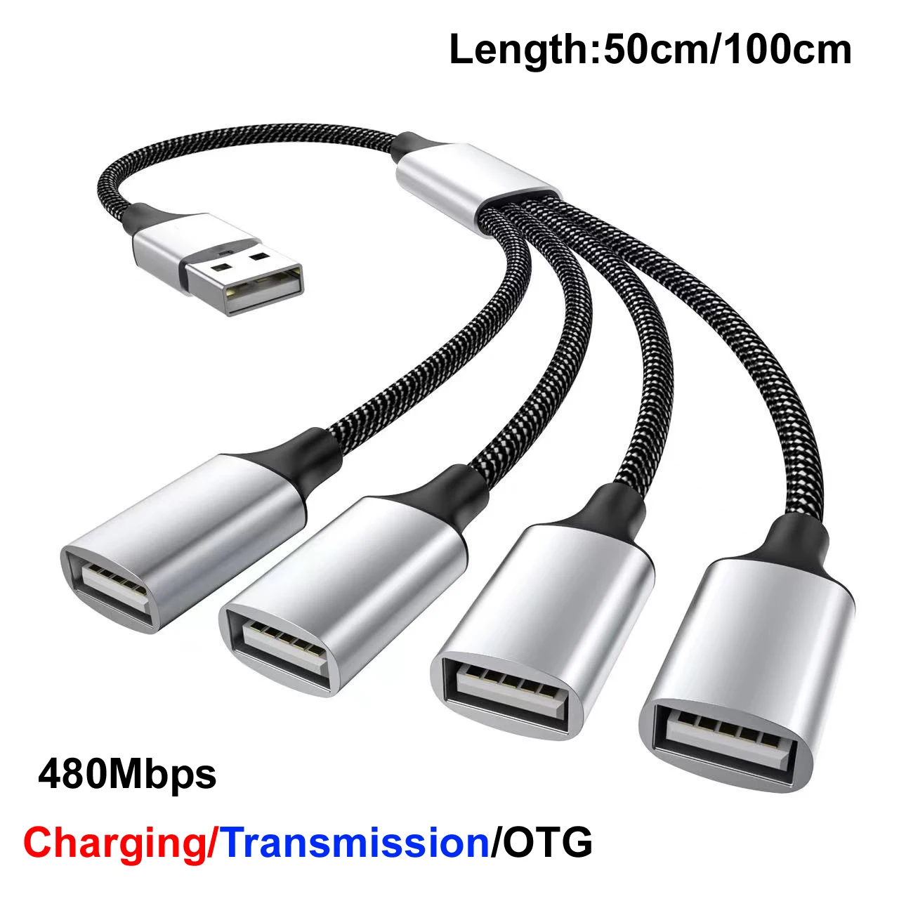 0.5m/1m USB 4 Port HUB OTG Adapter Data Trasnfer Phone Charger Extender USB Extension Cable For PC Laptop Keyboard, mouse