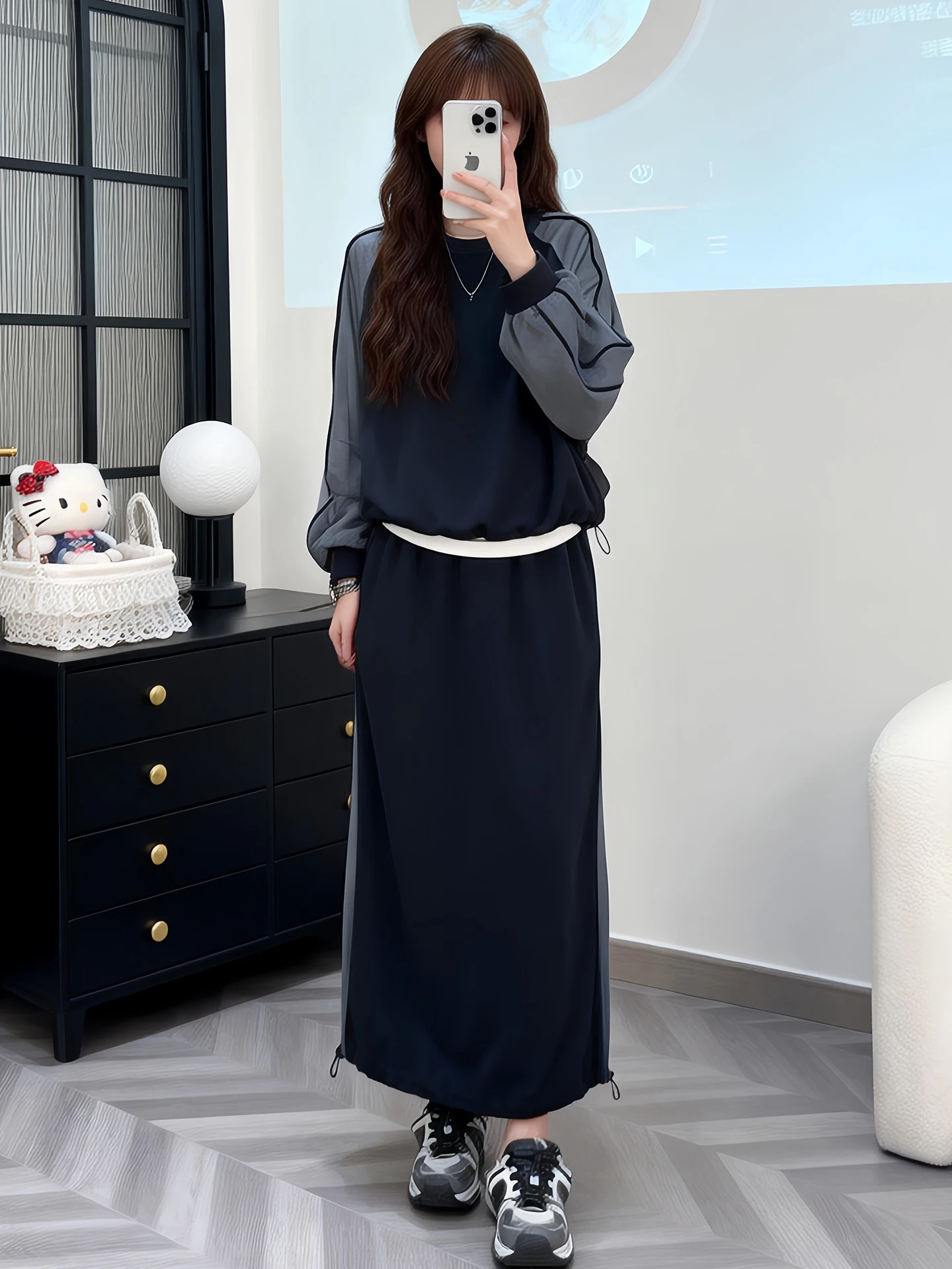 

Casual Sportswear Hoodie Set Women's Spring Autumn Design Color Block Loose Long Sleeve Drawstring Midi Skirt Two Piece Set