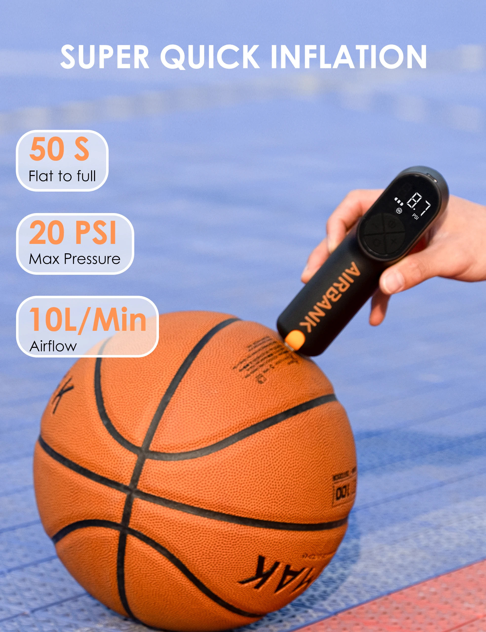 AIRBANK Mako Electric Ball Pump, 4000 mAh Basketball Pump, 20 PSI Fast Intelligent Air Pump for Inflating & Deflating