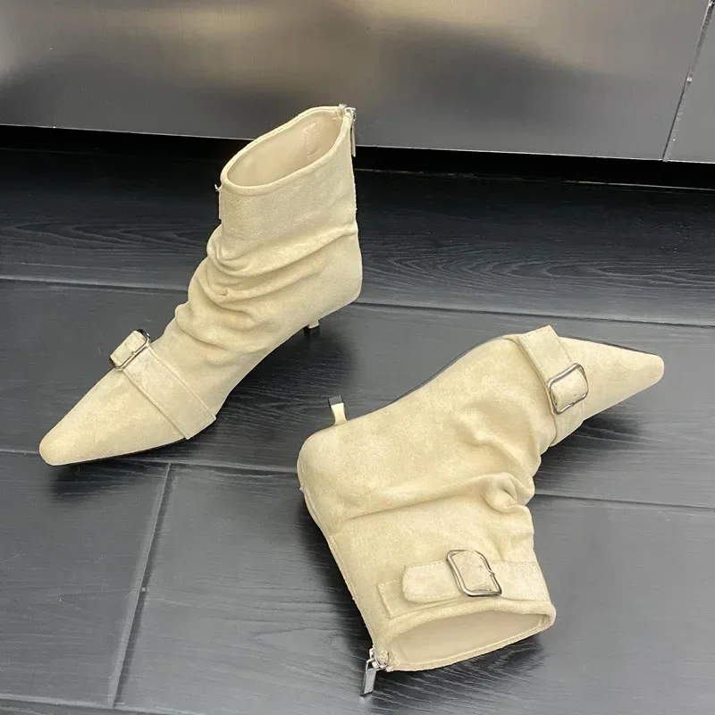 

Aneikeh/панк-дизайн с пряжкой на ремне, ботильоны на тонком низком каблуке, женская модная женская обувь с острым носком на молнии для банкета и вечеринки