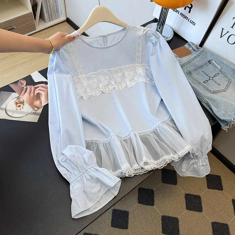 

Sweet Style Lace Trim Blouse Women Spring Summer Loose round Neck Long Sleeve Floral Print Two-Piece Look City Walk Casual Shirt