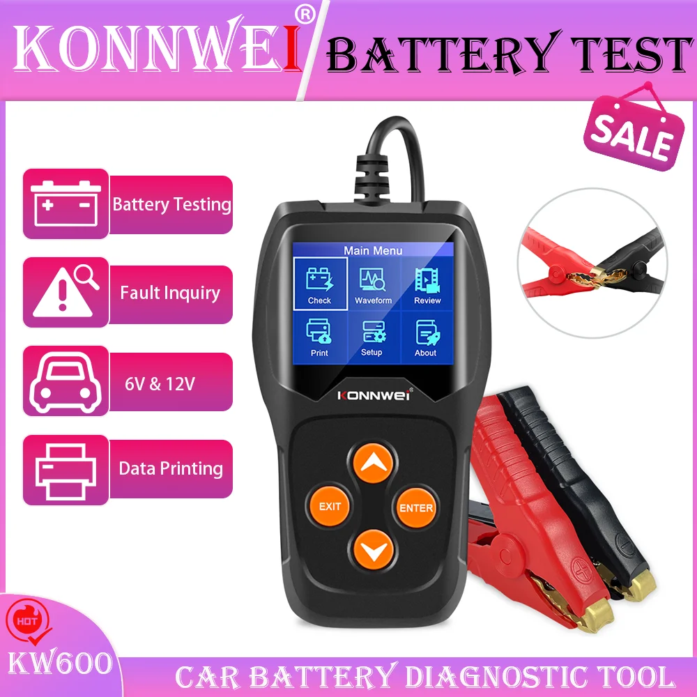 KONNWEi 6V-12V autós akkumulátor diagnosztikai eszköz akkumulátor tesztadatok megjelenítése hibaadatok nyomtatása autó akkumulátor töltő szkenner