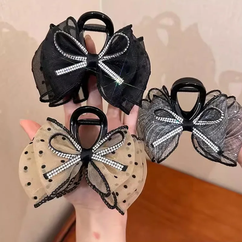 Elegant Rhinestones Chiffon Dot Bow Hair Claw For Women Girls Sweet Hair Ornament Hair Clips Hairpin Fashion Hair Accessories