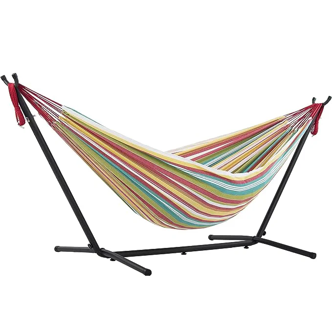 Convenient Double Cotton Hammock with Stand & Carry Bag for Outdoor Relaxation by Adults Canvas Material