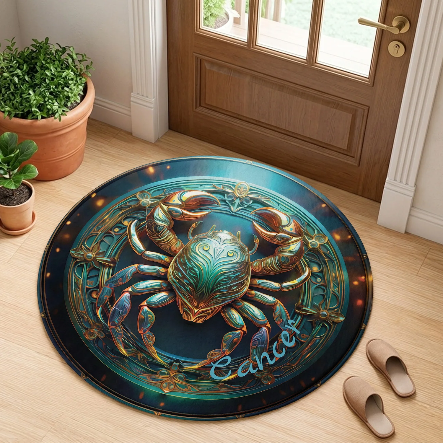 Cancer Zodiac Sign Crab Metallic Teal Green Gold Astrology Vintage Pattern Round Mat Area Rug Home Decor