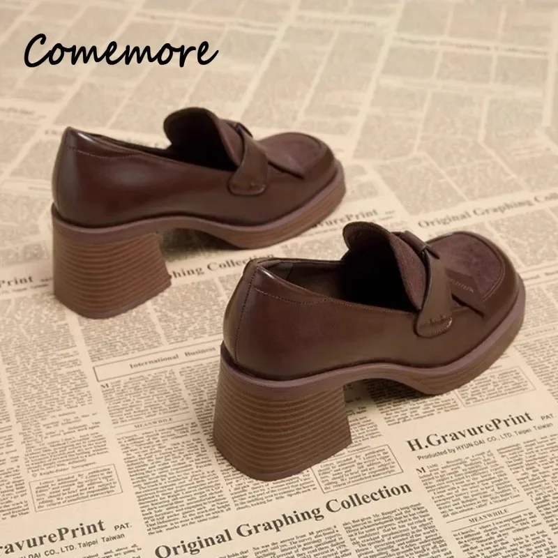 Comemore-mocasines gruesos de cuero marrón para mujer, zapatos de tacón alto con plataforma de lujo, estilo británico