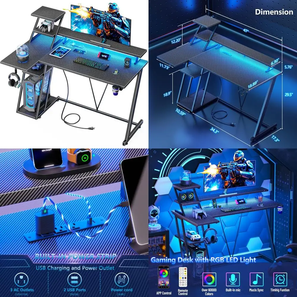 

L-Shaped Gaming Desk with LED Lights and Power Outlet, 47 Inch Computer Desk with Storage Shelves for Gamers