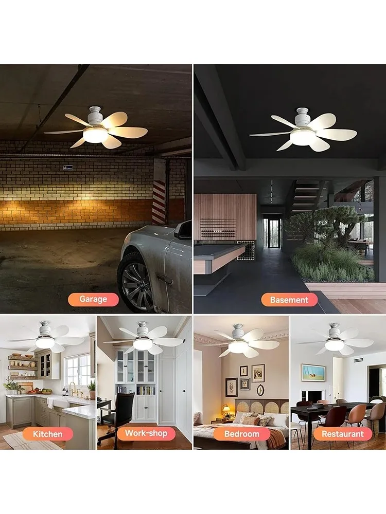 E27 Flower Fan Lamp 6 Removable Blades Powerful Airflow Stepless Dimmable LED Fan Light Household Indoor Bedroom Kitchen