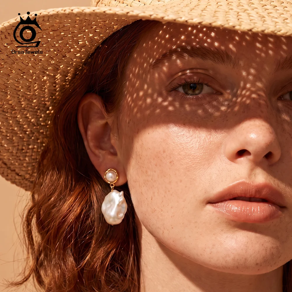ORSA JEWELS Vintage Unique Shaped Baroque Pearl Dangle Earrings 925 Sterling Silver Glossy Pearl Earrings For Bridal GPE155