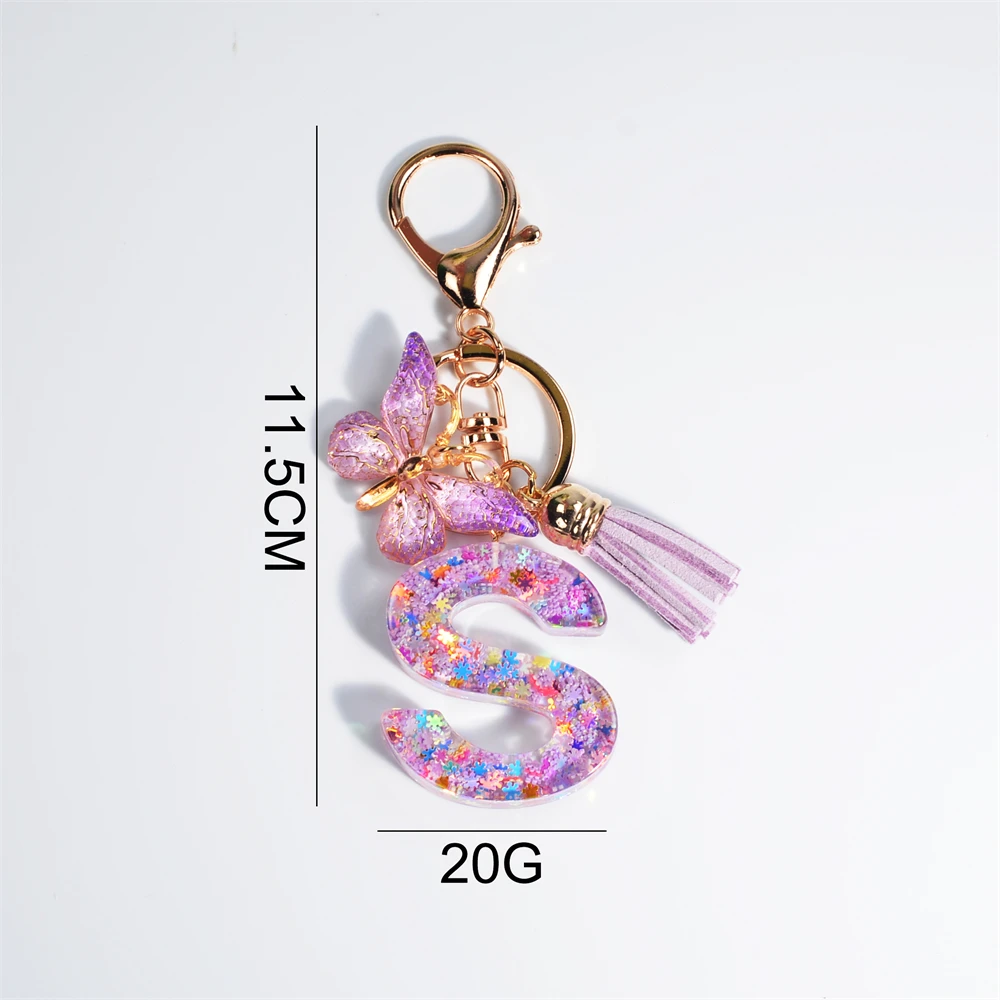 Porte-clés papillon flocon de neige violet pour femme, lettre A à Z, alphabet 26 initiales, pendentif pompon, clé, bijoux, cadeau