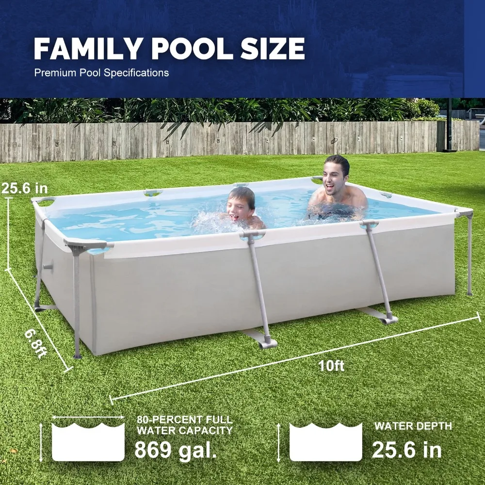 10ft x 6.8ft x 25.6in Steel Rectangular Swimming Pool Set with Filter Pump, Gray