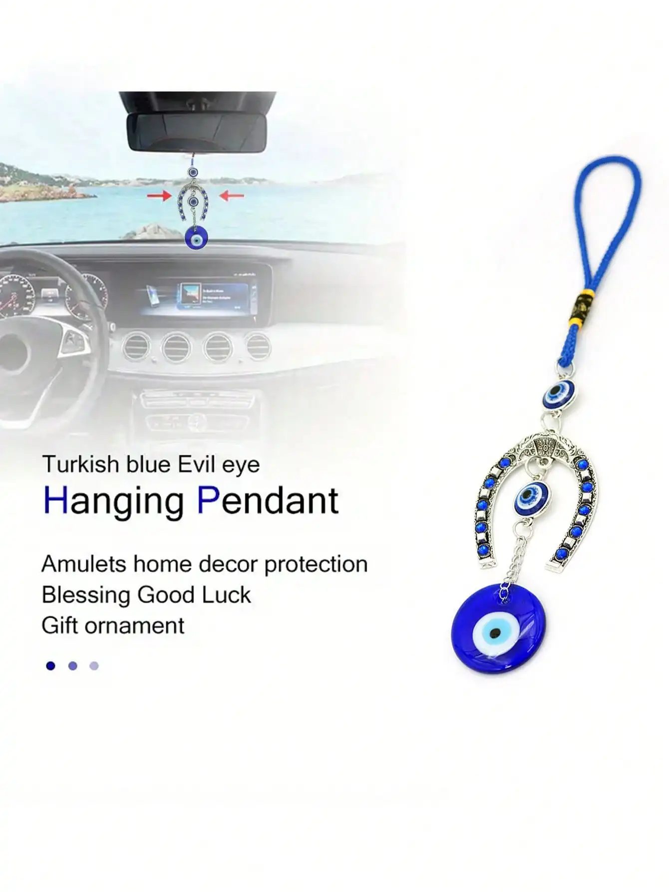 1Pc Evil Eye Horseshoe Shaped Blue Eye Rhinestone Good Luck Decorative Pendant Keychain Car Hanging Ornament