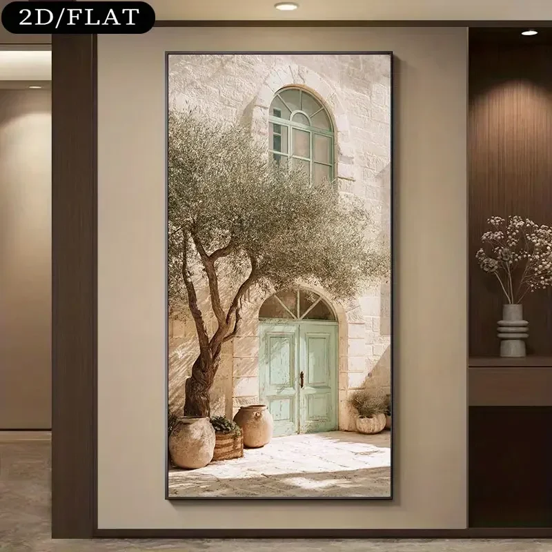 Large-sized 1pc frameless Canvas Painting 1pc Extra Large Modern Minimalist Canvas Painting - Olive Tree & Arched Doorway Wall A