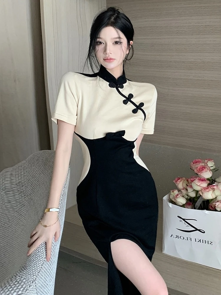 

Сексуальное облегающее ципао для молодых девушек, ретро-стиль, с коротким рукавом, с высоким разрезом, для повседневной носки, однотонное, длинное ципао от Misianna