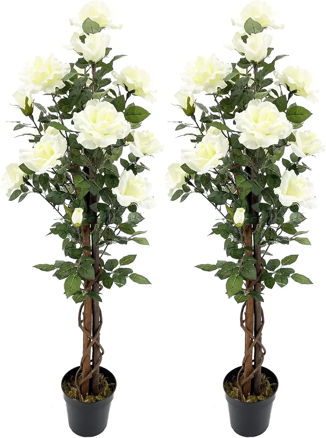 

AMERIQUE Pair 4 Feet Gorgeous & Lifelike Artificial Blooming Rose Trees 18 White Rose Flowers, with Nursery Pot, Real Touch Tech