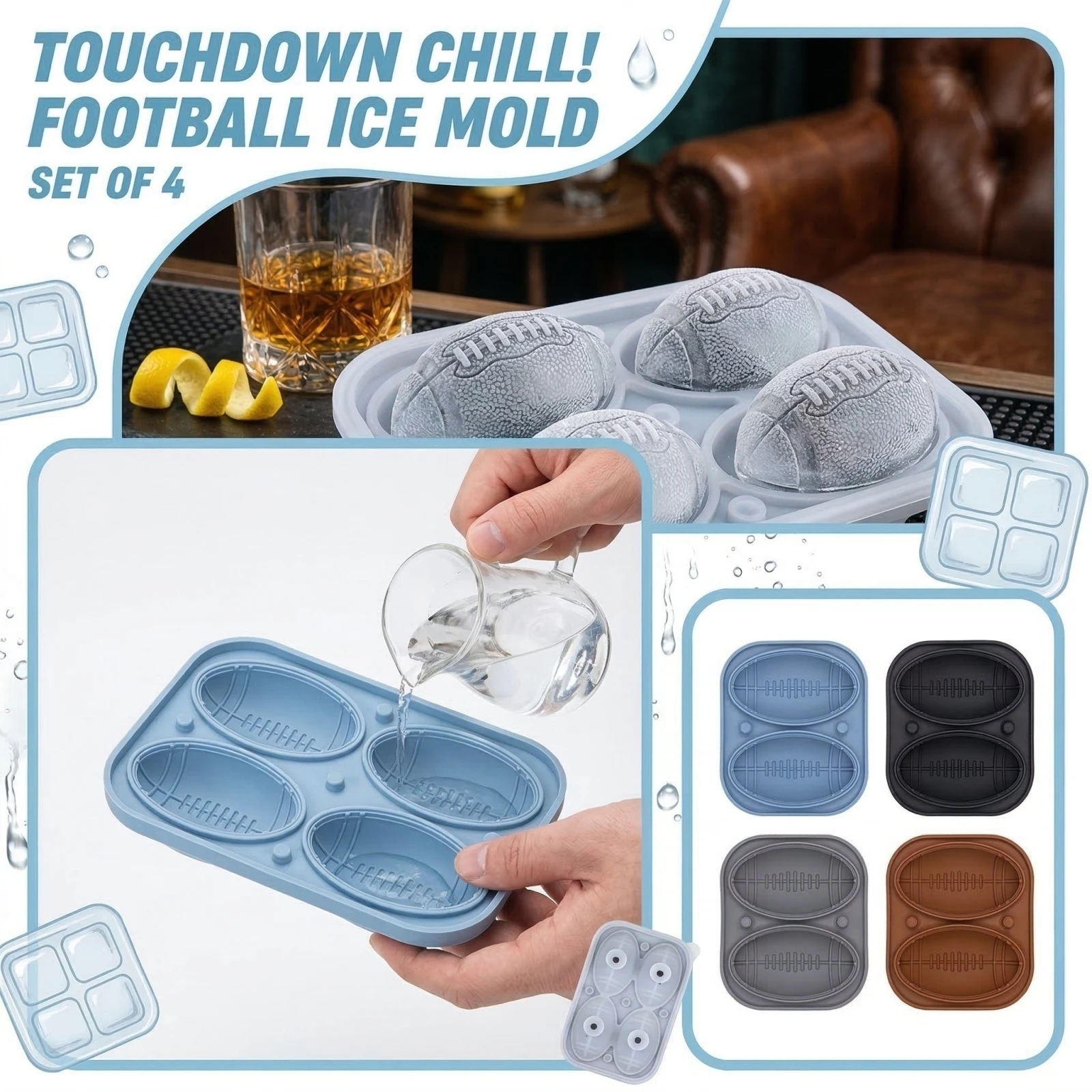Football-shaped Silicone Ice Mold Set of 4 Unique Design Party Home Bar Durable Kitchen Tool Creative Cooling Freezer Accessory