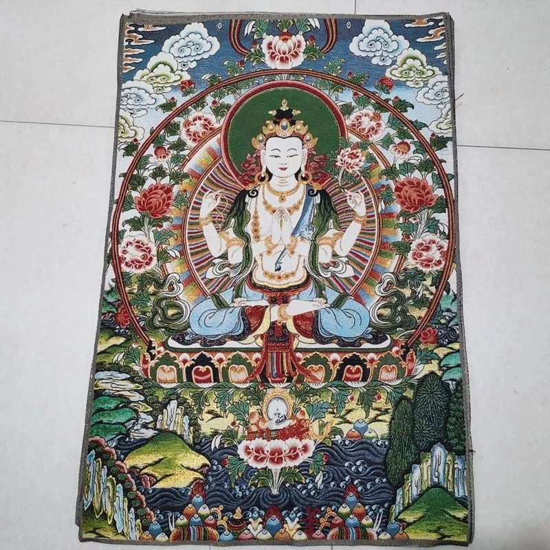Tibet Tibetan Cloth Silk Peony flower four-armed avalokitesvara Thangka Tangka Embroidery Painting Embroidery Hanging Pictures