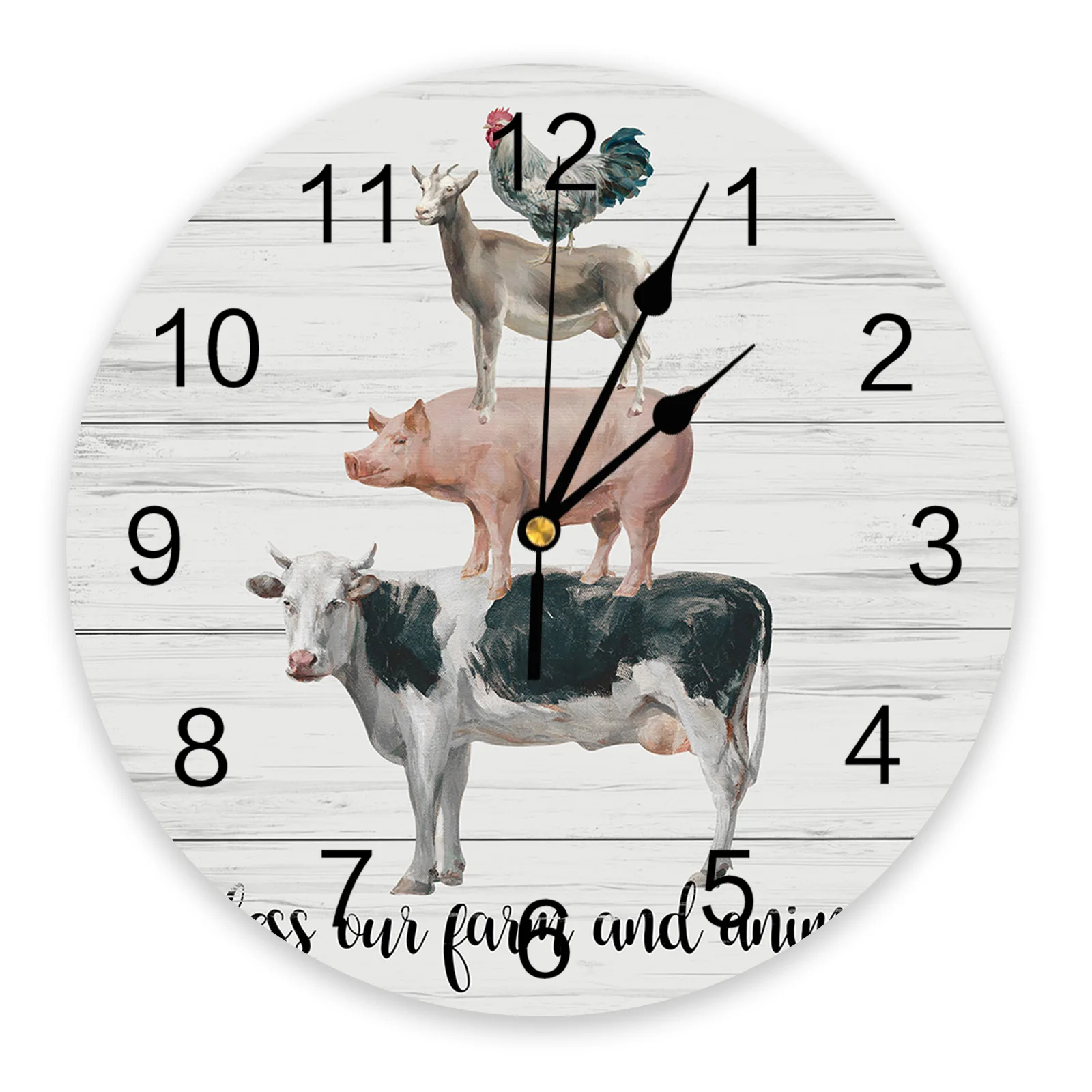 Farm Cows Rooster Wood Grain Wall Clock Modern Design Silent Bedroom Living Room Decoration Round Hanging Clocks