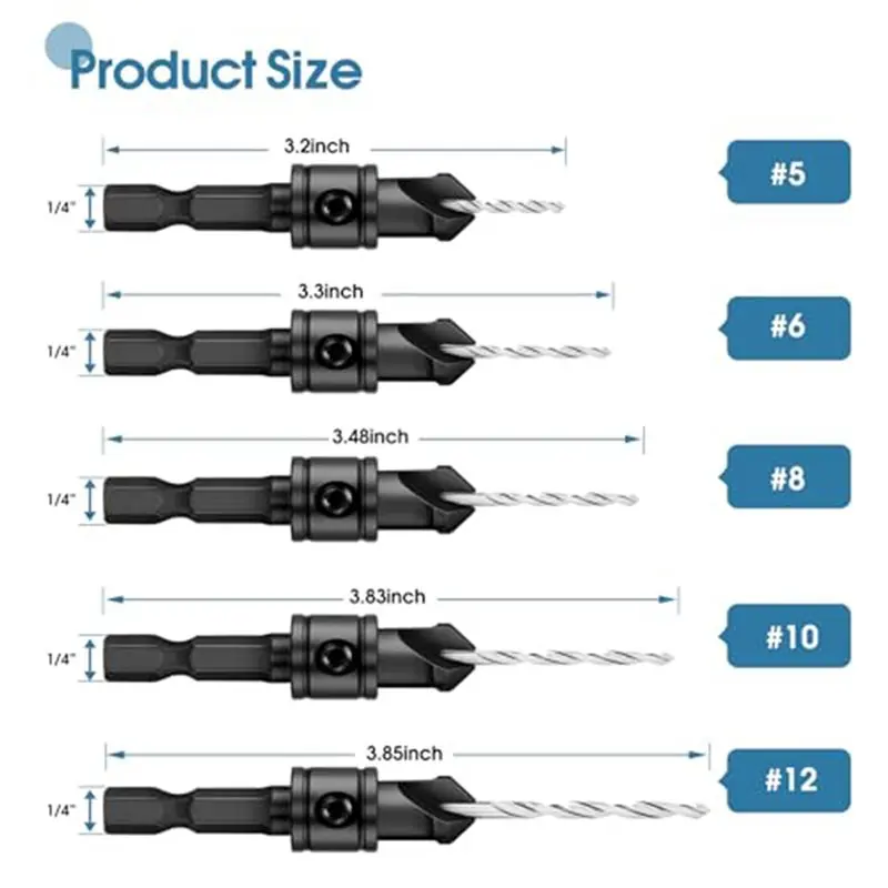 FAST-For 5, 6, 8, 10, 12 Screw Counterbore Drill Bit Set(5Pcs), M2 Pilot Bits With 1/4