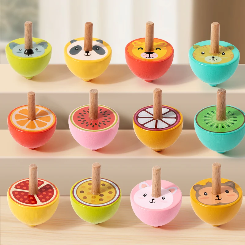 6 pièces toupie en bois jouets dessin animé Montessori coloré filature gyroscope enfance en bois Gyro Fidget jouets enfants cadeaux d'anniversaire