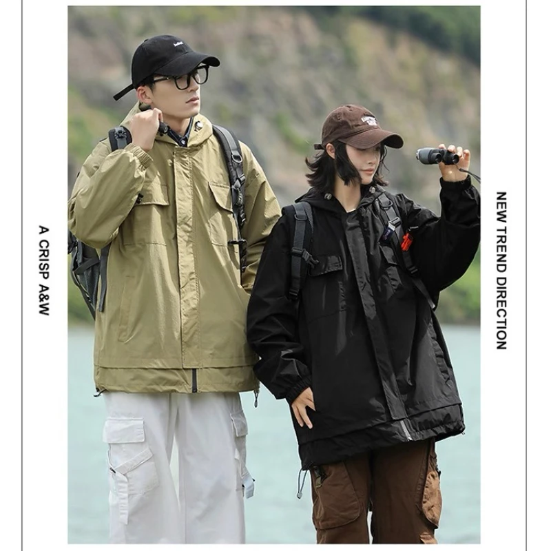 

2025 Trendy Couple Outdoor Jacket Japanese Style Casual Solid Color Loose Windbreaker Male Waterproof Sun Protection Hiking Coat