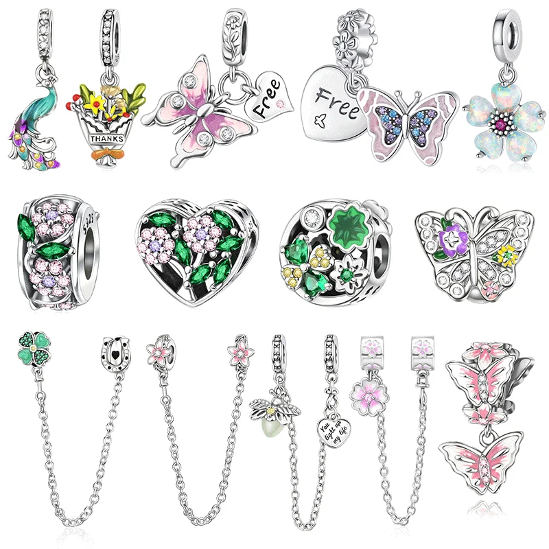 

925 Sterling Silver Zircon Flower Free Butterfly Safety Chain Pendant Charm Fit Original Charm Bracelets Women DIY Jewelry Gift