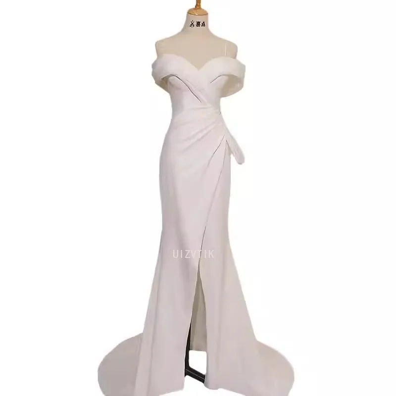 맞춤형 이브닝 드레스 화이트 저지 오프 숄더 바닥 길이 레이스 업 인어 플러스 사이즈 플리츠 여성 파티 공식 가운