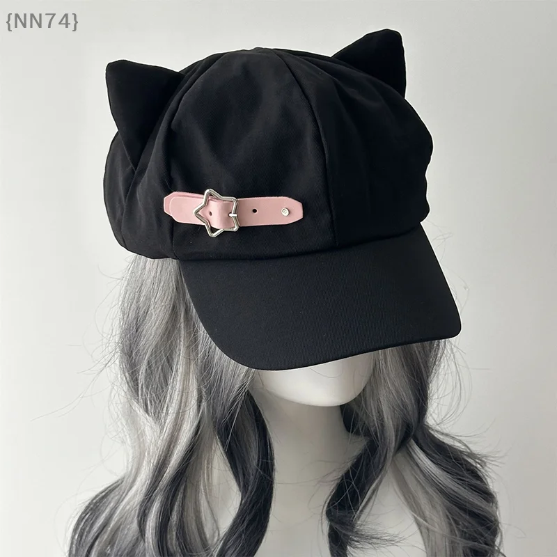 【NN74】Women's Cat's Ears Harajuku Gothic Lolita Beret Y2K Girls' Steampunk Punk Zipper Handmade Sun Hat Cap【W4】