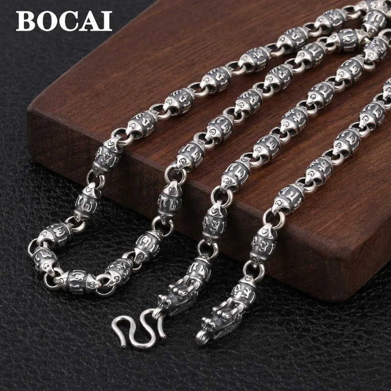 BOCAI New Real S925 Sterling Silver Jewelry 6MM Trend Personality Six-character Mantra Barrel Beads Dragon Head Man Necklace