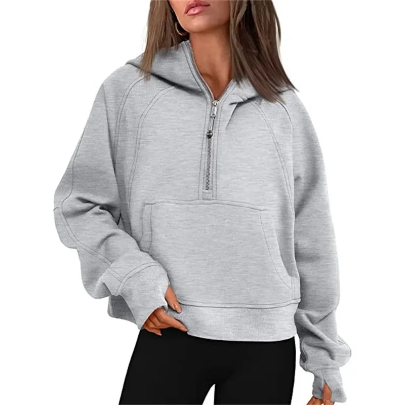 Oversized Scuba Half-Zip Hoodie Waist Length Jackets Sweatshirts Soft Thumbholes Leisure Yoga Coat for Winter