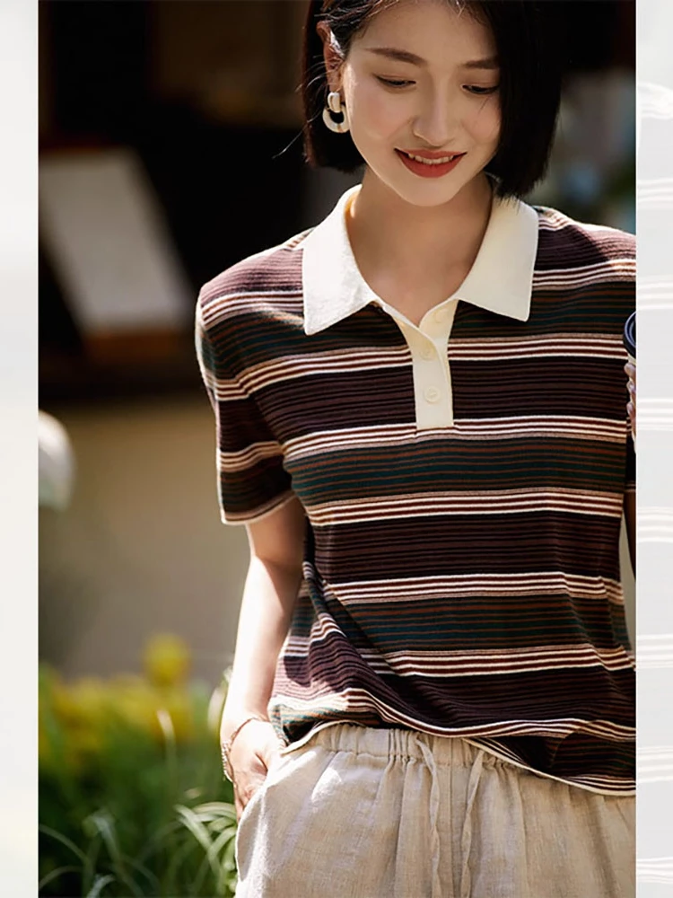 

YMDM Premium Knitted Stripe Top ort Sve Women's Faion Summer Work Commute New Color Series Collar Loose Fit T-irt