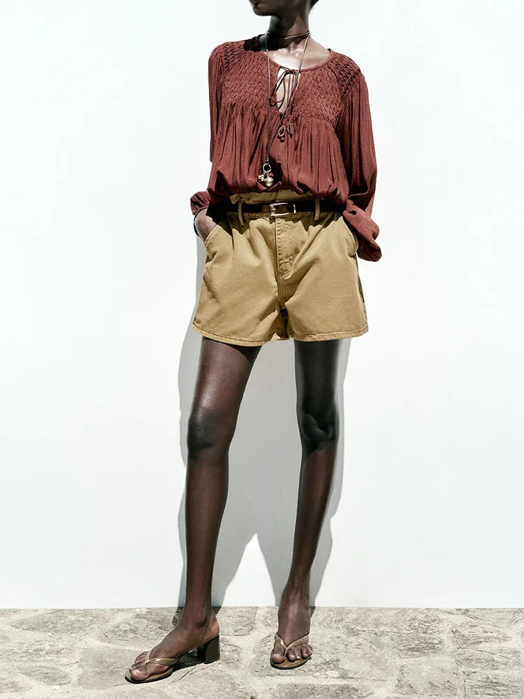 

Faionable Sweet Waist Belted Denim orts Paper Bag Sle New Summer 2025 Women's Casual High Waist Straight Leg Pants