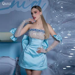 Qanz Sky Blue Sexy Prom Dresses Sequined Crystal Long Sleeves Rhinestone Birthday Dress Corset Cocktail Dresses Customized