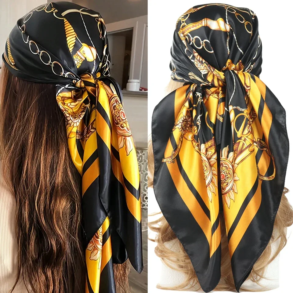 

90*90CM Vintage Chain Print Shawls Fashion Beach Sunscreen Scarves Kerchief Square Bandannas Satin Headscarves