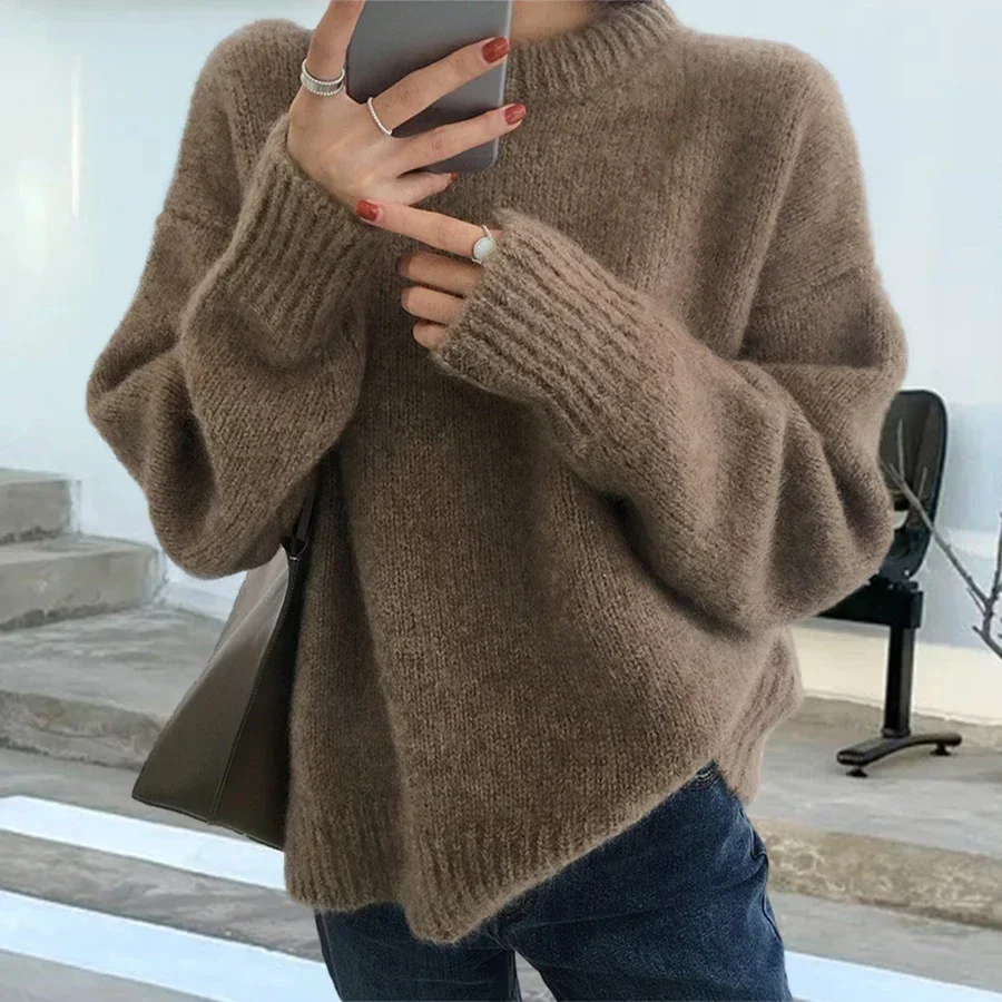 Pullover Women Top O-neck Minimalist Solid Color Knitted Sweater Fashionable Cardigan Female Clothing Spring Autumn Oversize