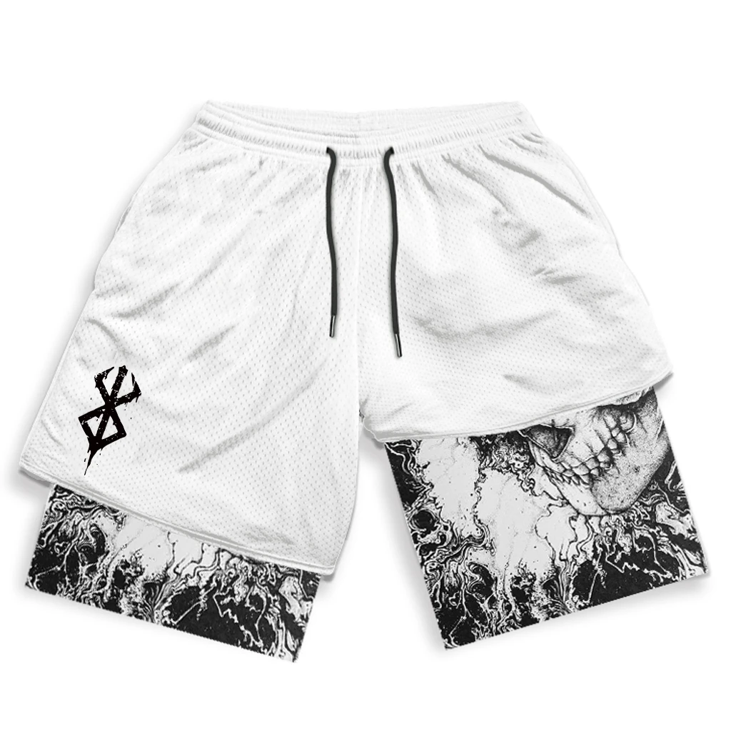 Y2K Anime Gym Shorts Manga Skull Sacrifice 2 in 1 Performance Shorts for Men Fitness Gothic Mesh Quick Dry Short Pants Summer