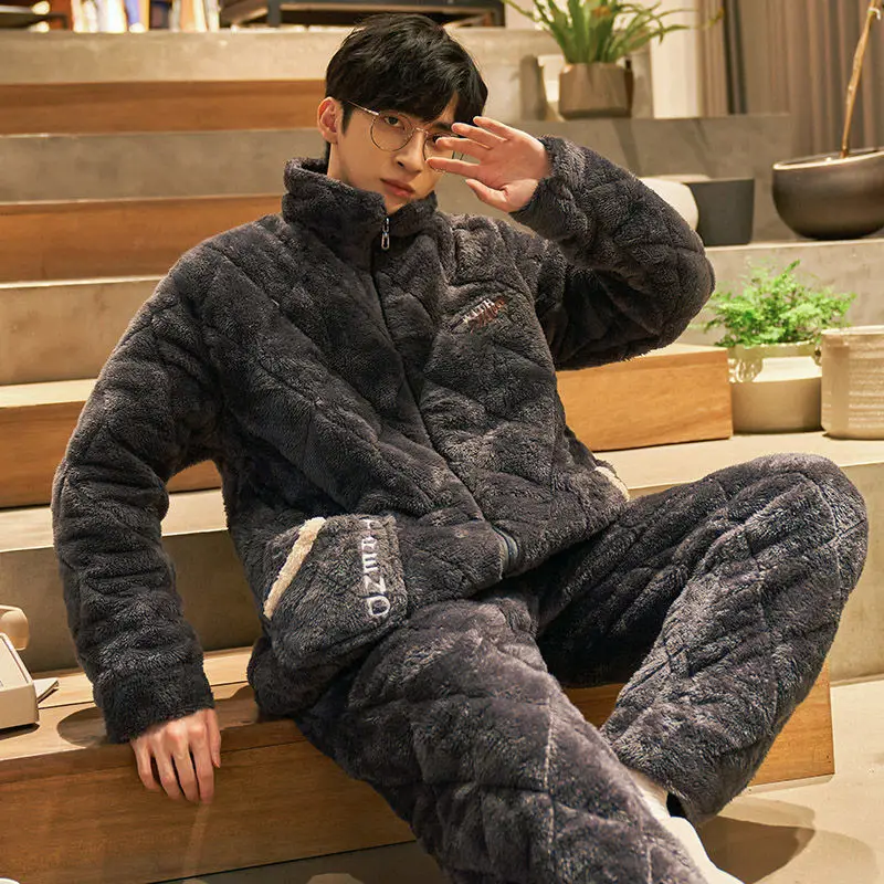 Thickened Coral Fleece Men Pajamas Set PLUS SIZE Sleepwear Winter Warm Flannel Pijamas Suit Nightwear Loose Casual Lounge Wear