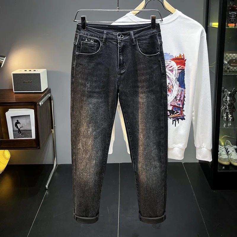 Jeans élastiques coupe couvertes pour hommes, pantalons effilés tout match, noir, gris, marque de mode haut de gamme, automne, nouveau, 2021