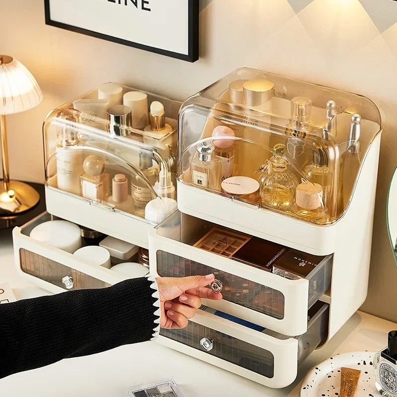 

z Makeup Organizers Light Luxury Cosmetics Storage Box LED Light Mirror Dustproof Skincare Sorting Box Bedroom Dressing Table