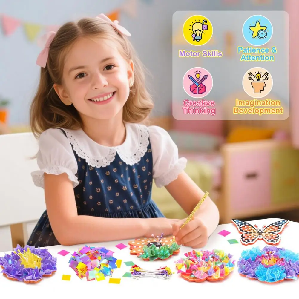 1 Set Poke Art Flower Bouquet Kit With Butterfly Wooden Vase Handmade Flower Making Toy Toddlers Floral Bouquet Arts Crafts Toy