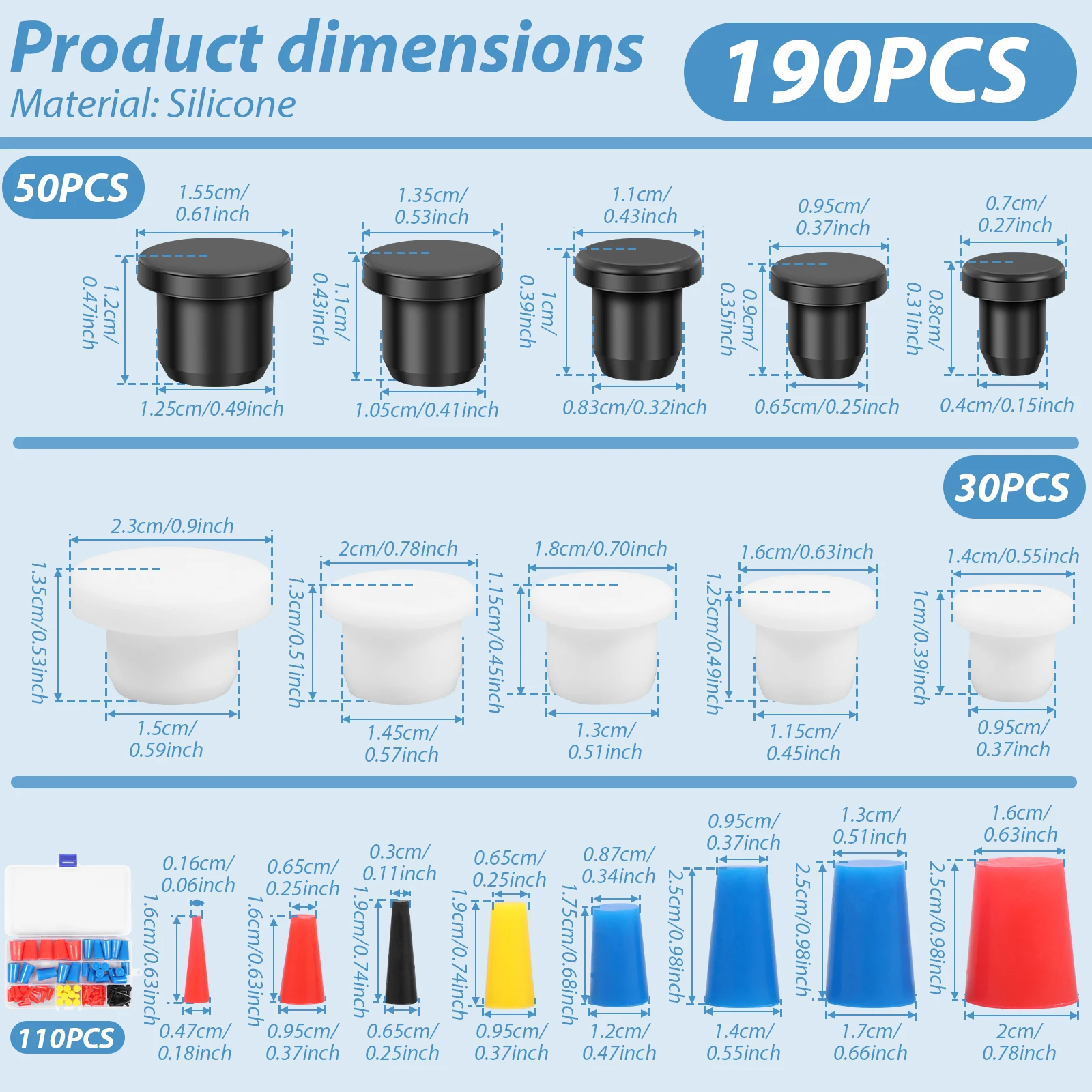 190Pcs Silicone Rubber Tapered Plug High-Temperature Resistant Rubber Stoppers 18 Size for Hole Plugs, Spraying, Coating