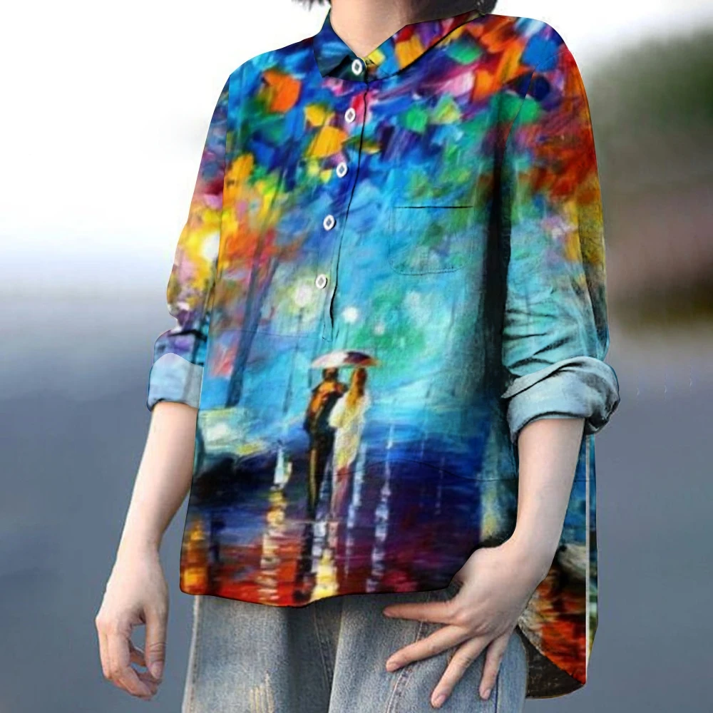 

Vintage oil painting style casual shirt lapel irregular loose pullover pattern printed top new cotton linen shirt
