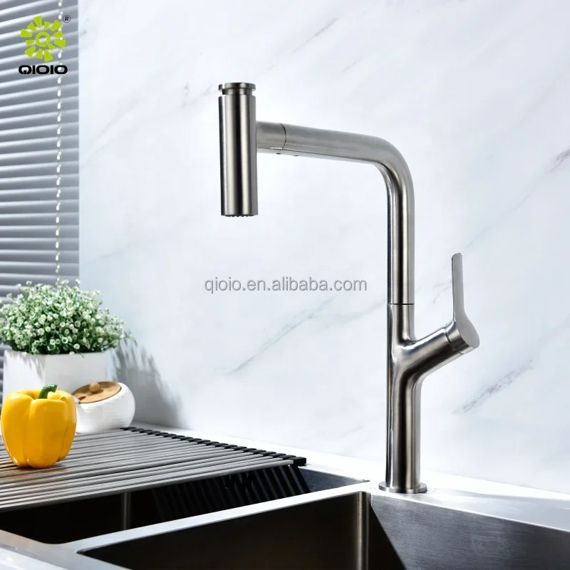 Torneira da pia da cozinha do aço inoxidável 304, Single Handle, Pull Down Mixer Tap, Água quente e fria