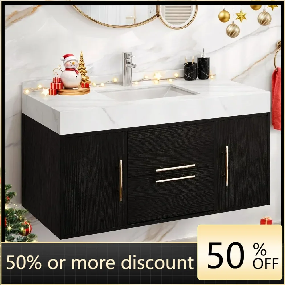 40 Inch Black Floating Bathroom Vanity, Wall Mounted Bathroom Vanity with White Sintered Stone Countertop and Ceramic Basin Sink